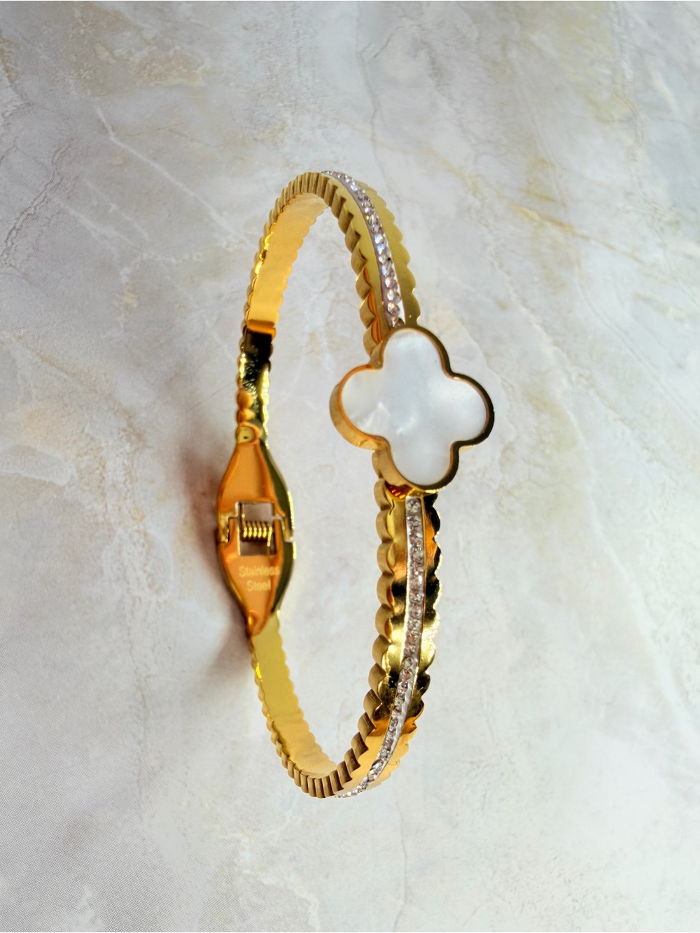 Gold-Tone Women's Clover Bangle Bracelet with White Inlay #stainless steel